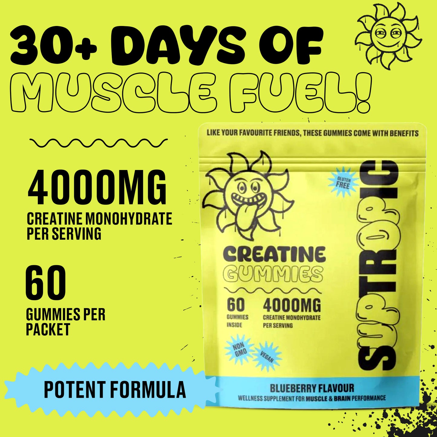 Creatine Gummies, 4000mg per serving (30days), 60 gummies, Blueberry