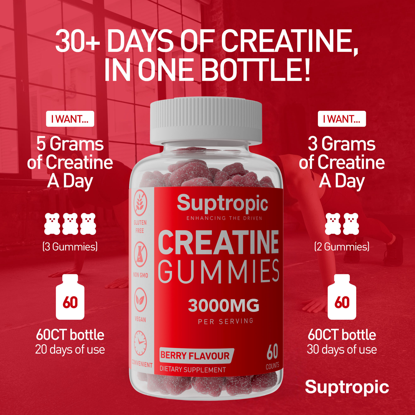 Creatine Gummies, 3000mg per serving (30days), 60 gummies, Creatine Monohydrate