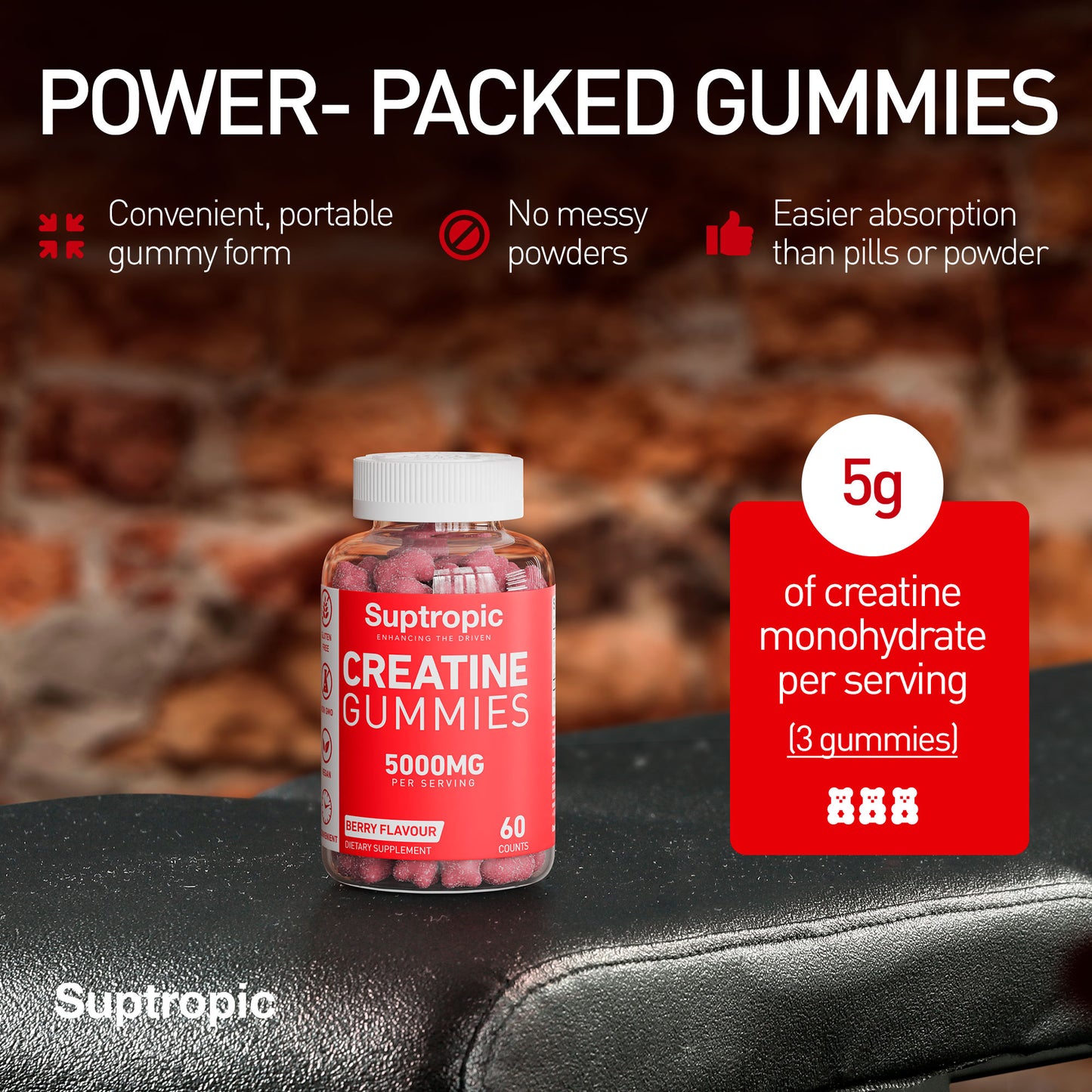 Creatine Gummies, 5000mg per serving (30days), 90 gummies, Creatine Monohydrate