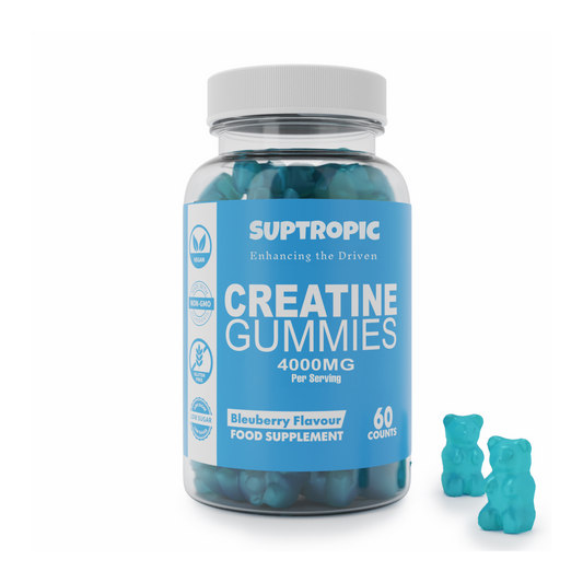 Suptropic - 4000mg for Men & Women - 60 Chewable Creatine Gummies (1 Months Supply) - Natural Blueberry Flavoured Creatine, Pre Workout Gym Supplement, Suitable for Vegans